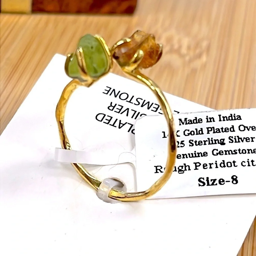 Brand New 14K Gold Plated Sterling Silver Genuine Gemstone Peridot Citrine Ring